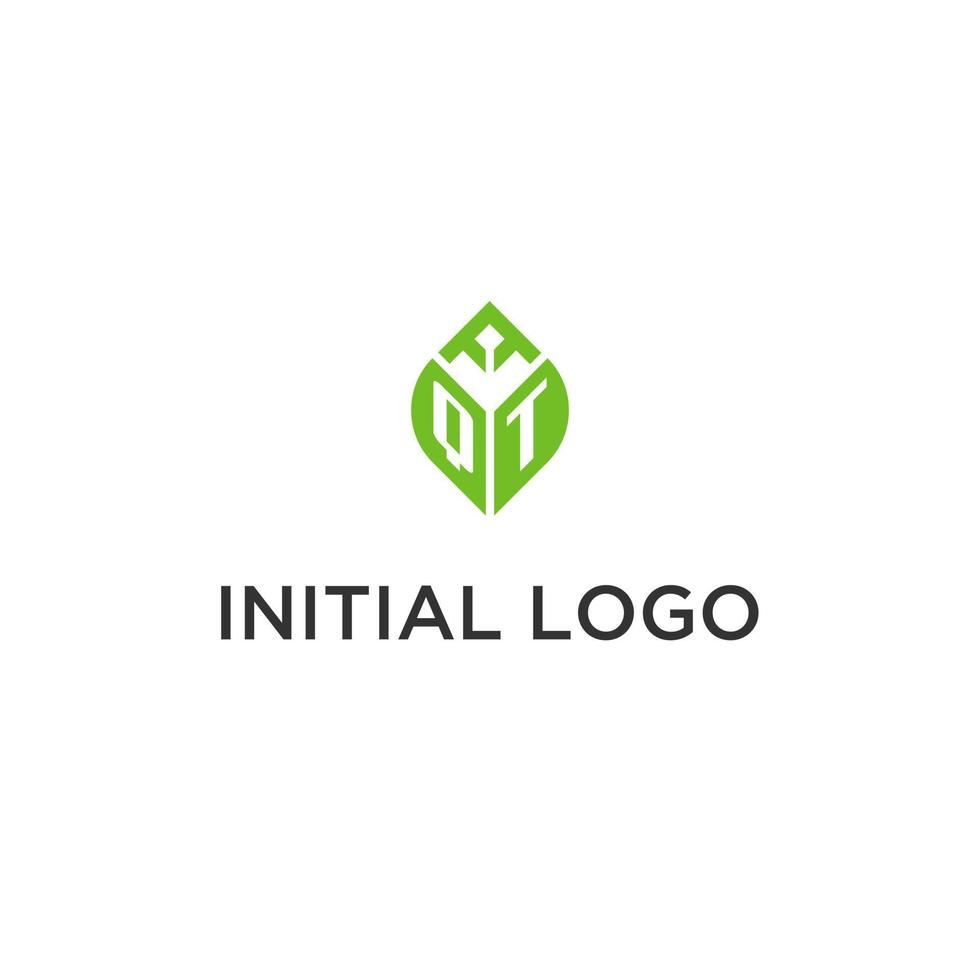 QT monogram with leaf logo design ideas, creative initial letter logo with natural green leaves vector