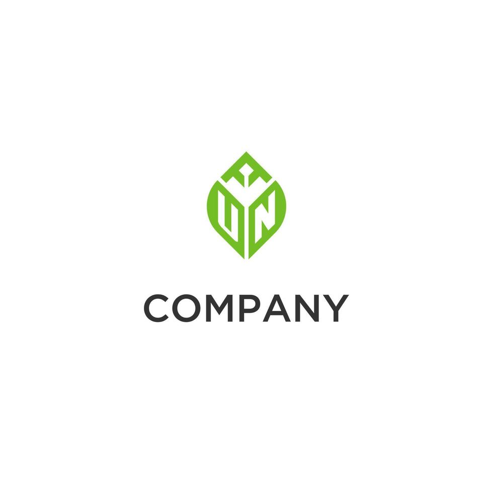 UN monogram with leaf logo design ideas, creative initial letter logo with natural green leaves vector