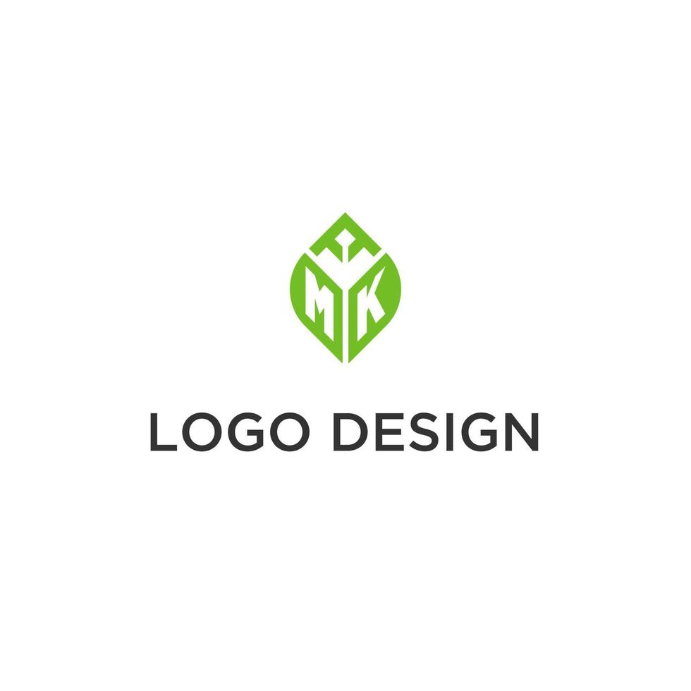 MK monogram with leaf logo design ideas, creative initial letter logo with natural green leaves vector