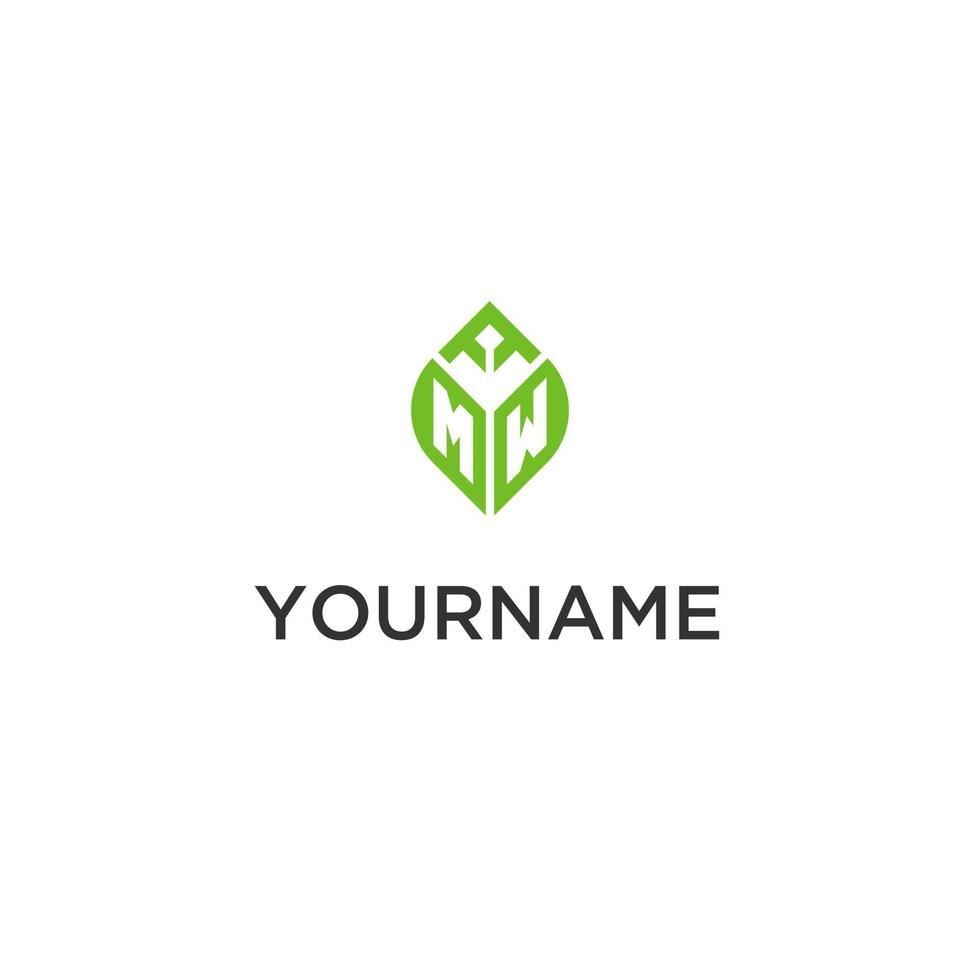 MW monogram with leaf logo design ideas, creative initial letter logo with natural green leaves vector