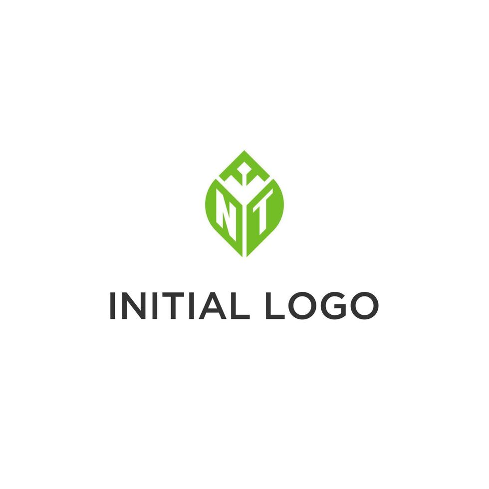 NT monogram with leaf logo design ideas, creative initial letter logo with natural green leaves vector