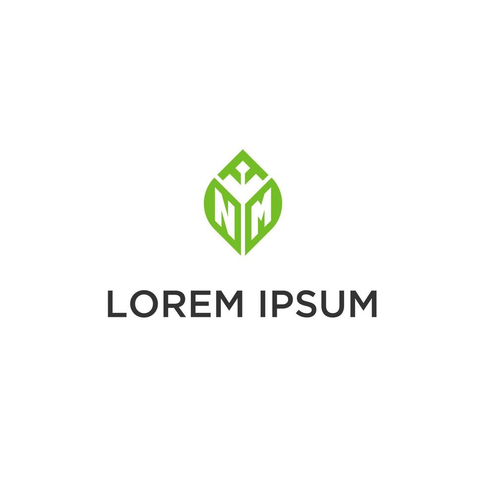 NM monogram with leaf logo design ideas, creative initial letter logo with natural green leaves vector