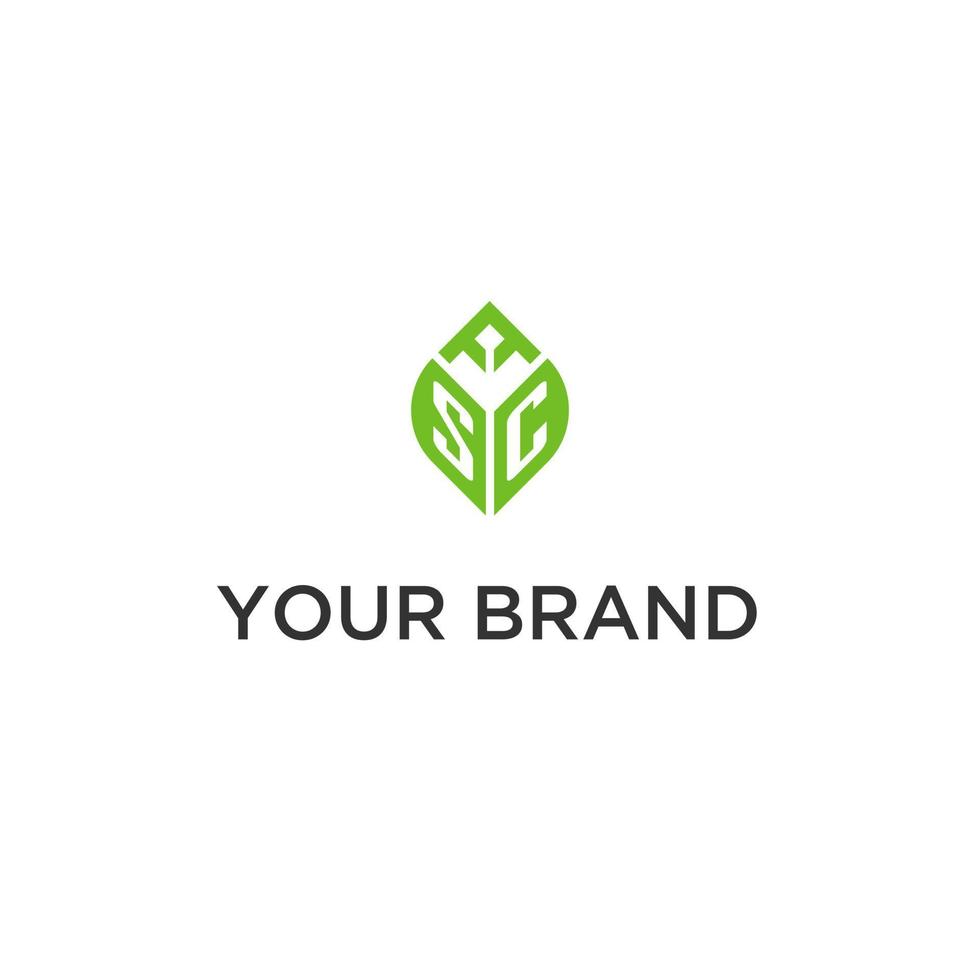 SC monogram with leaf logo design ideas, creative initial letter logo with natural green leaves vector