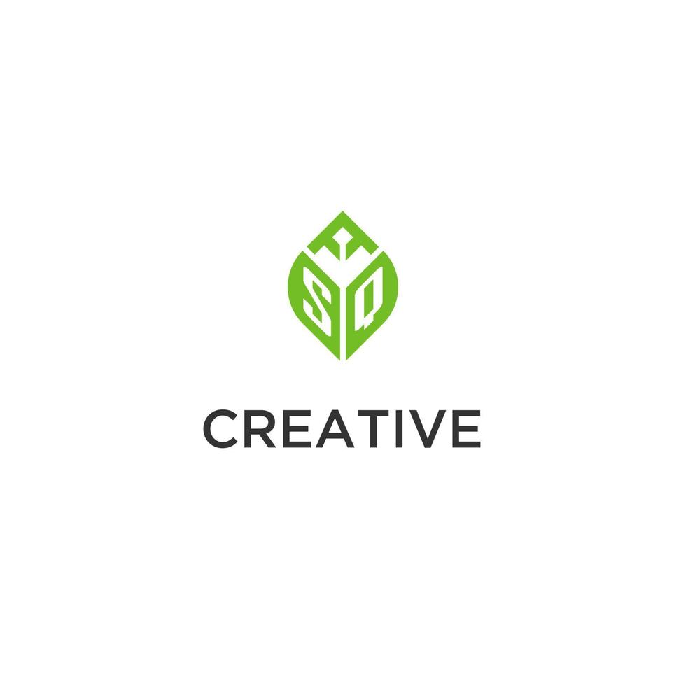 SQ monogram with leaf logo design ideas, creative initial letter logo with natural green leaves vector