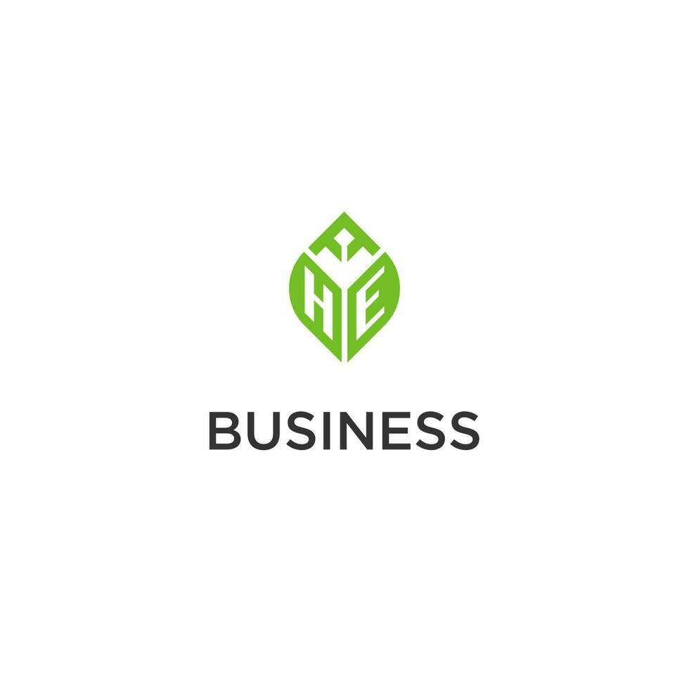 HE monogram with leaf logo design ideas, creative initial letter logo with natural green leaves vector