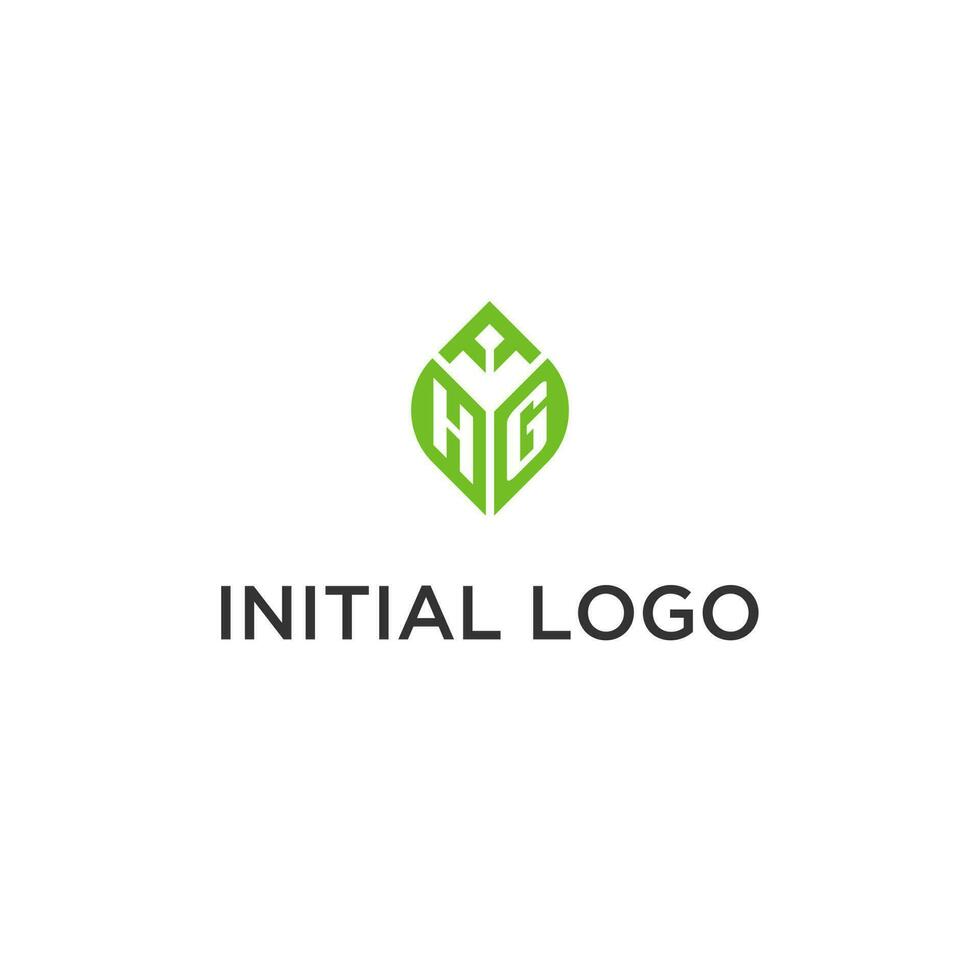 HG monogram with leaf logo design ideas, creative initial letter logo with natural green leaves vector