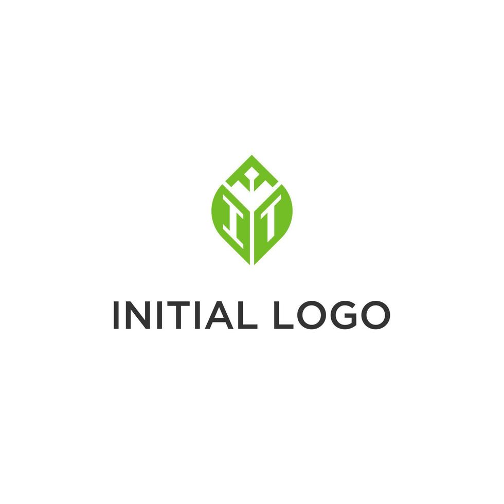IT monogram with leaf logo design ideas, creative initial letter logo with natural green leaves vector
