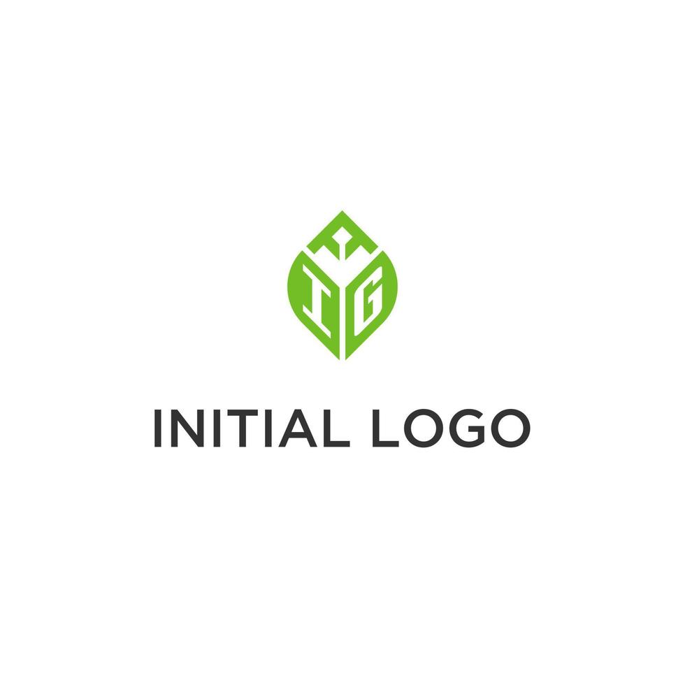 IG monogram with leaf logo design ideas, creative initial letter logo with natural green leaves vector