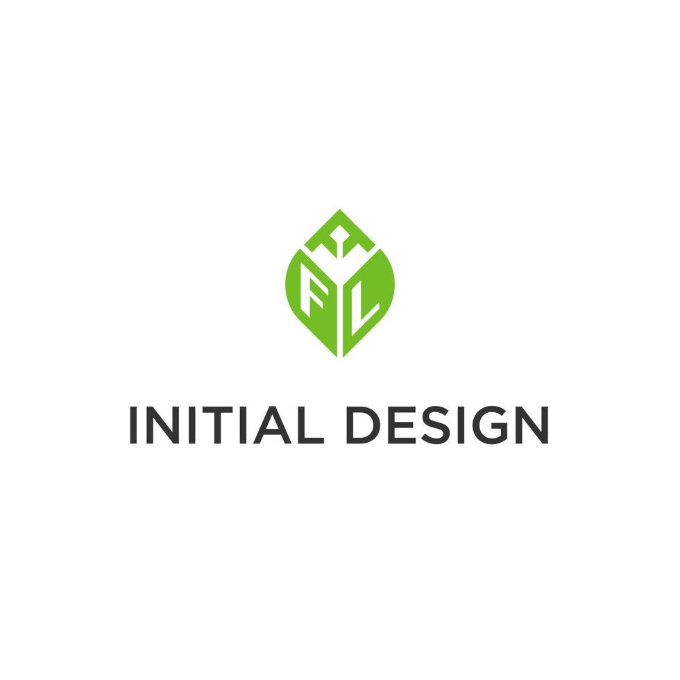 FL monogram with leaf logo design ideas, creative initial letter logo with natural green leaves vector