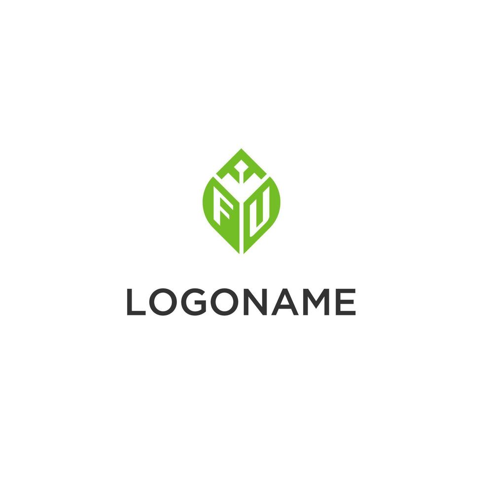FU monogram with leaf logo design ideas, creative initial letter logo with natural green leaves vector