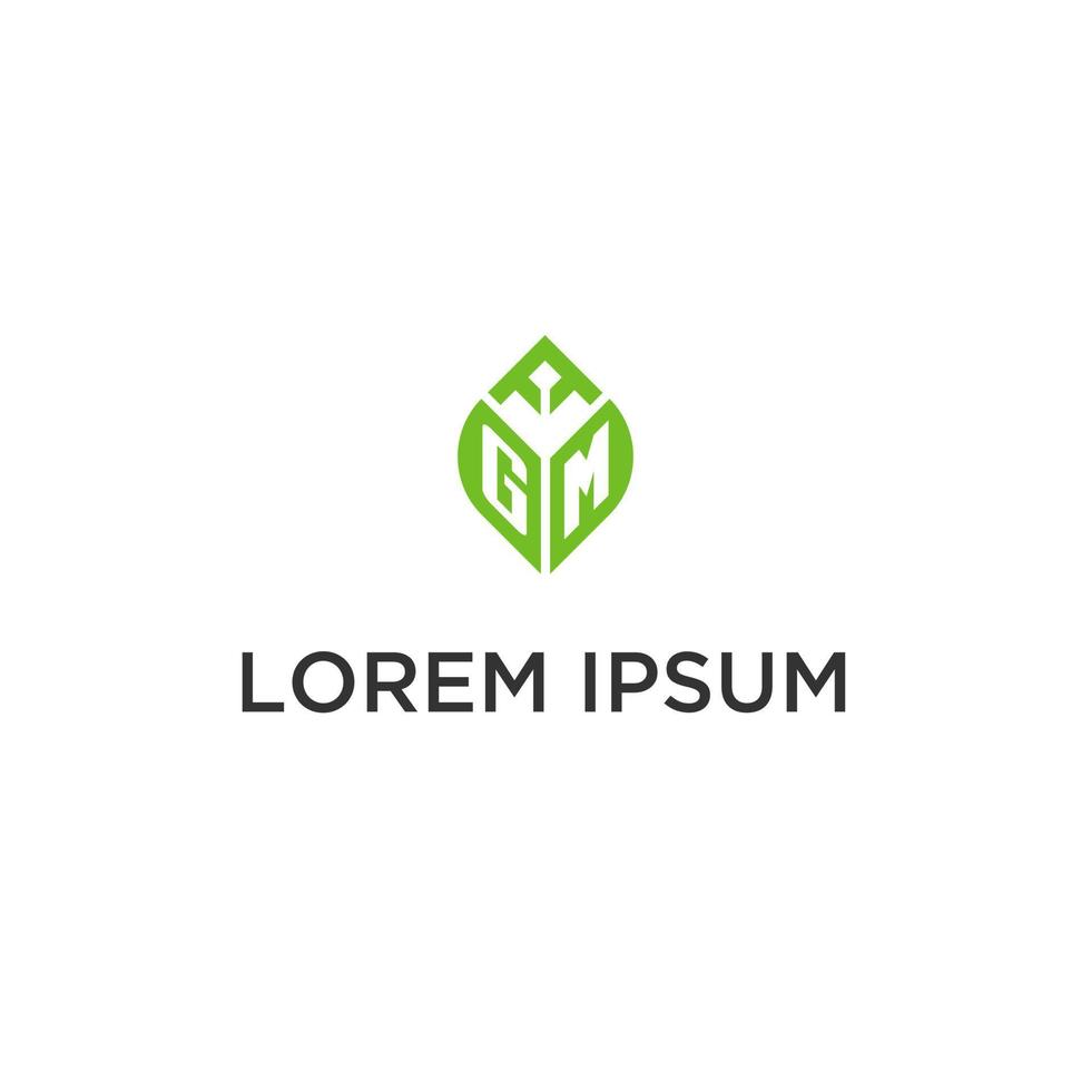 GM monogram with leaf logo design ideas, creative initial letter logo with natural green leaves vector