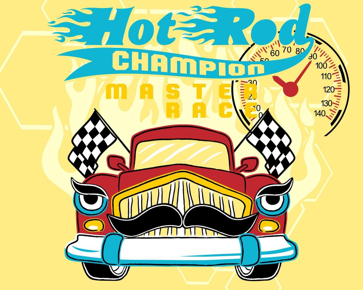 Vector illustration of vintage car cartoon with moustache on flame background