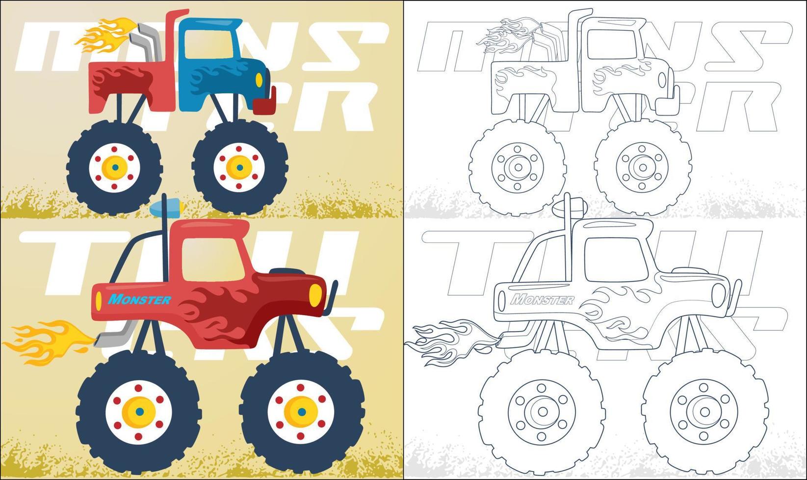 Coloring book or page with two monster truck cartoon vector