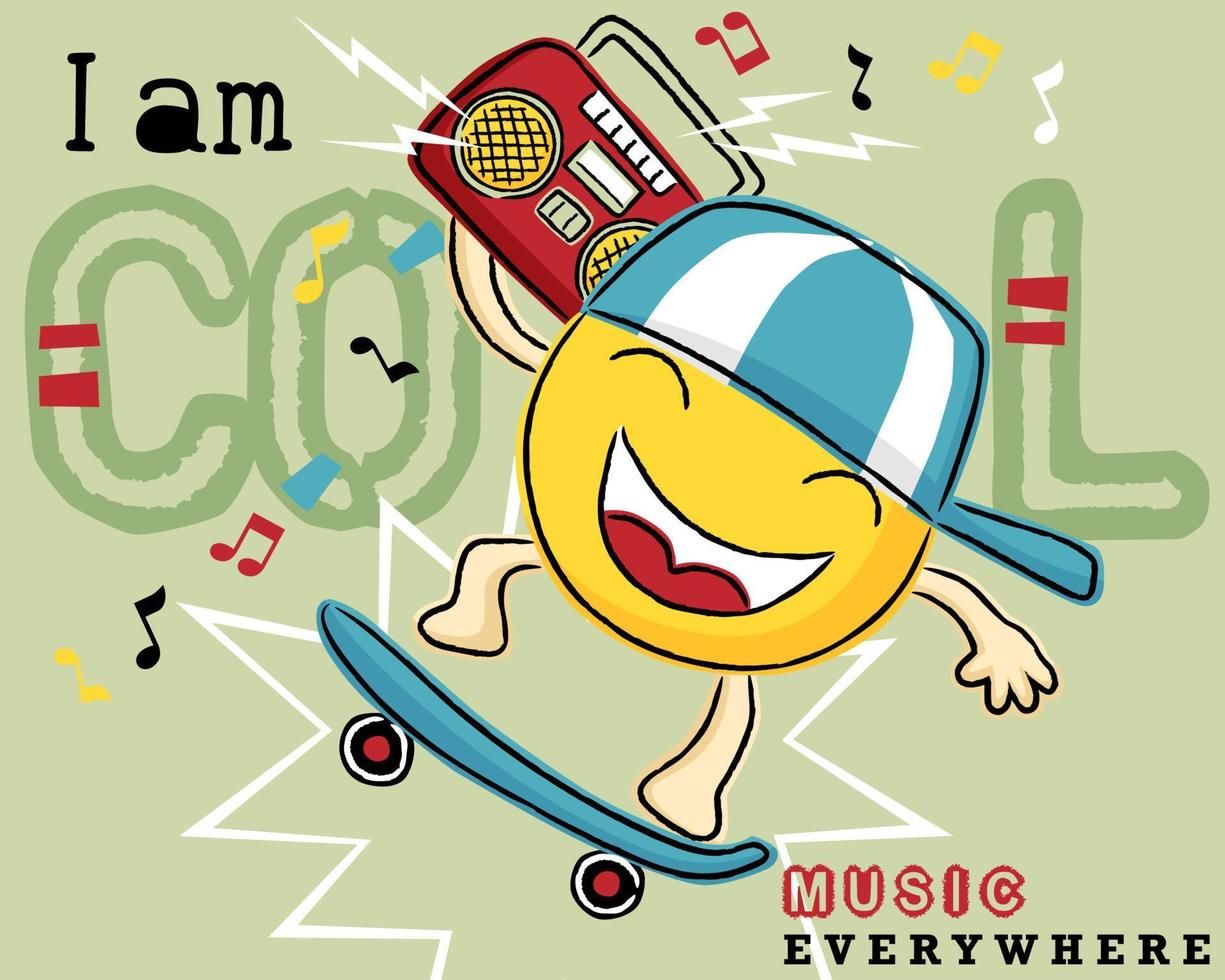 Hand drawn funny emoticon cartoon playing skateboard while carrying tape cassette recorder vector