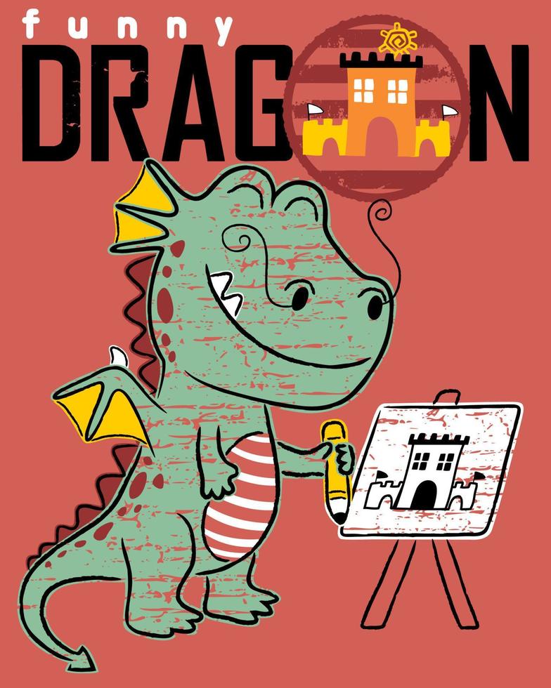 funny dragon cartoon drawing a castle in canvas vector