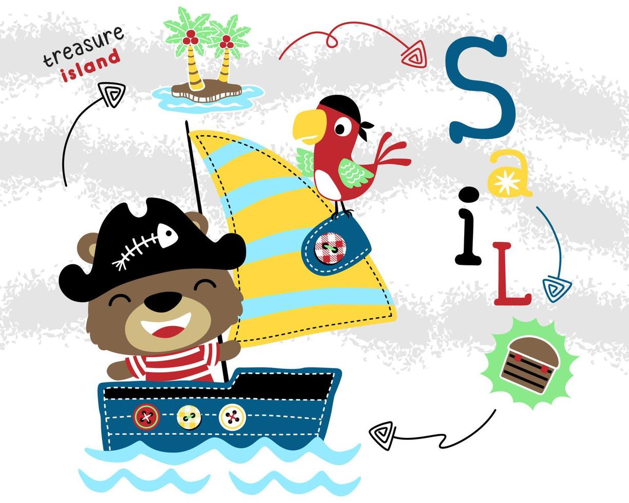 Funny bear in pirate costume on sailboat with parrot. Pirate element cartoon vector