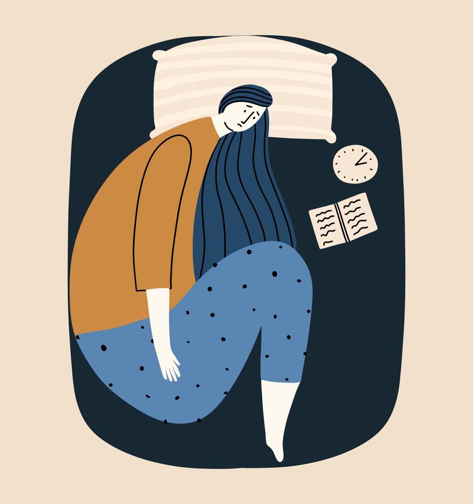 concepto de insomnio, ansiedad trastorno. el mujer no puedo dormir a noche. vector ilustración en plano estilo