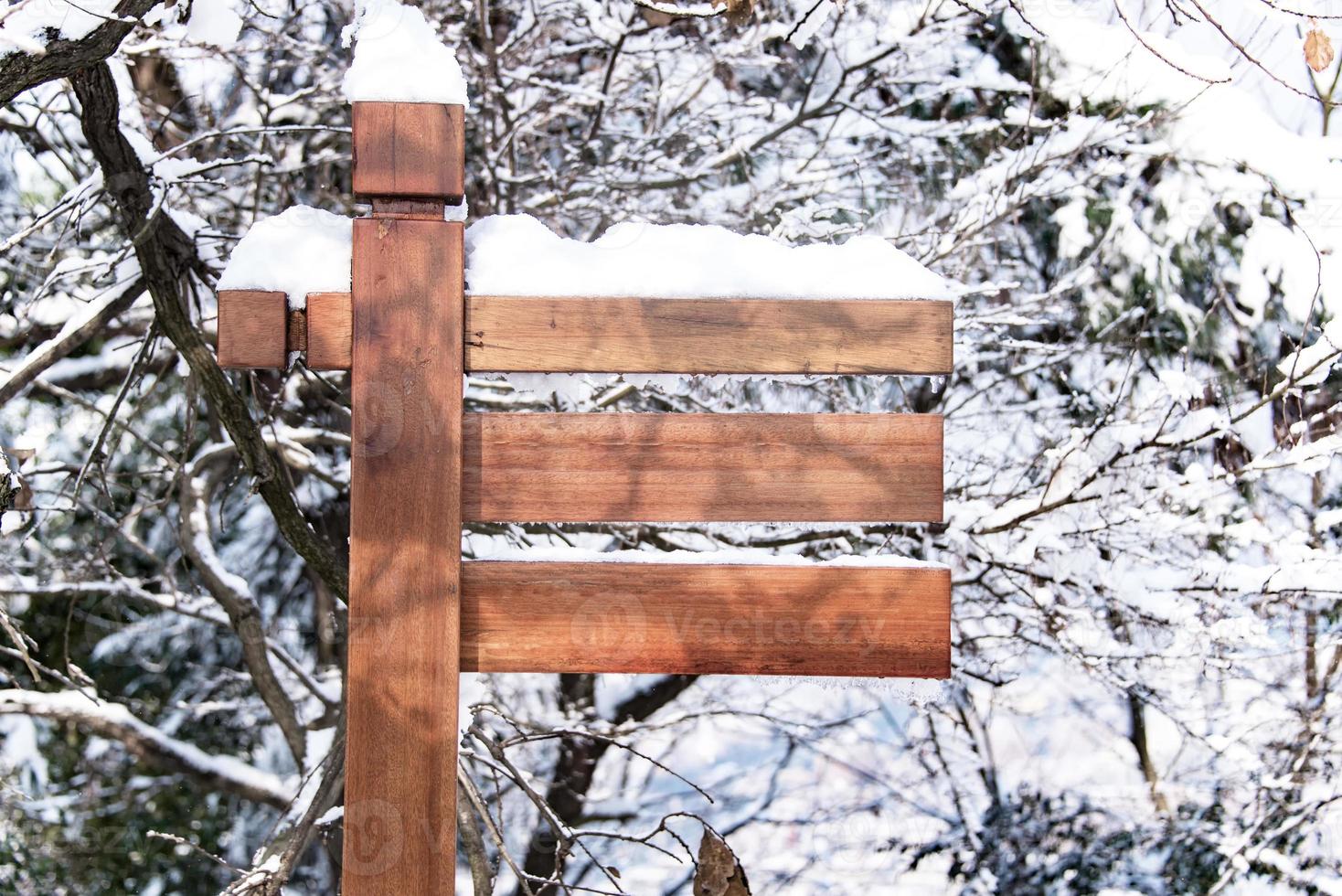 de madera firmar en el bosque, cubierto con nieve foto