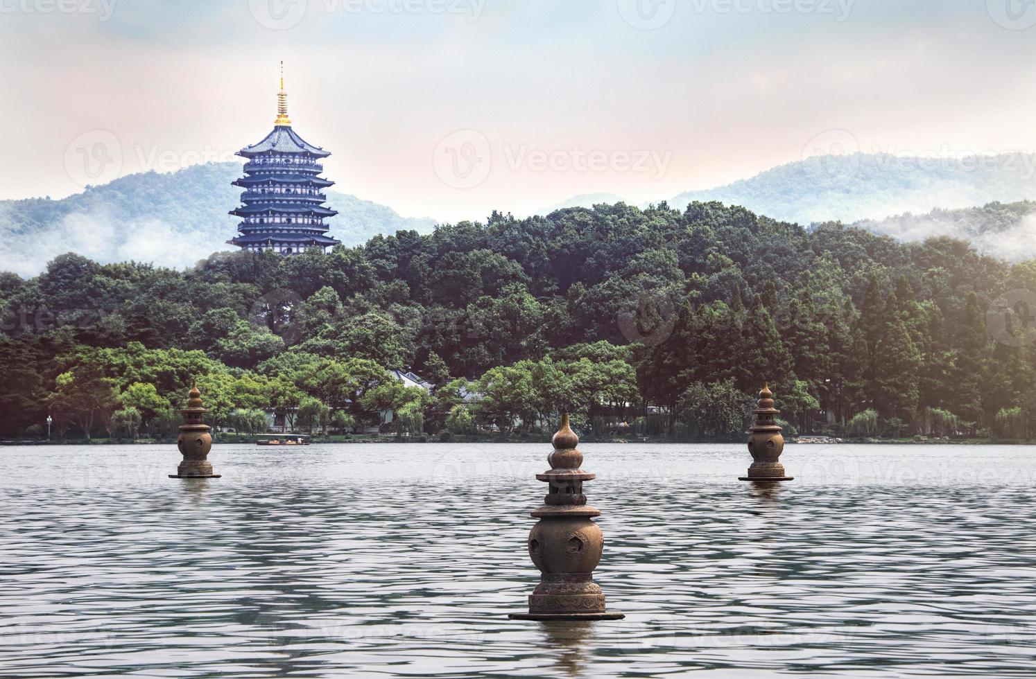 Three Pools Mirroring the Moon, shown on the 1 RMB note, is located in the south central portion of Hangzhou's West Lake. photo
