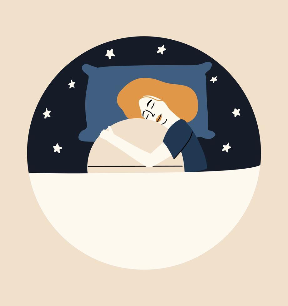 A woman sleeps in an embrace with a sleeping pill. Insomnia treatment concept. Vector illustration in flat style