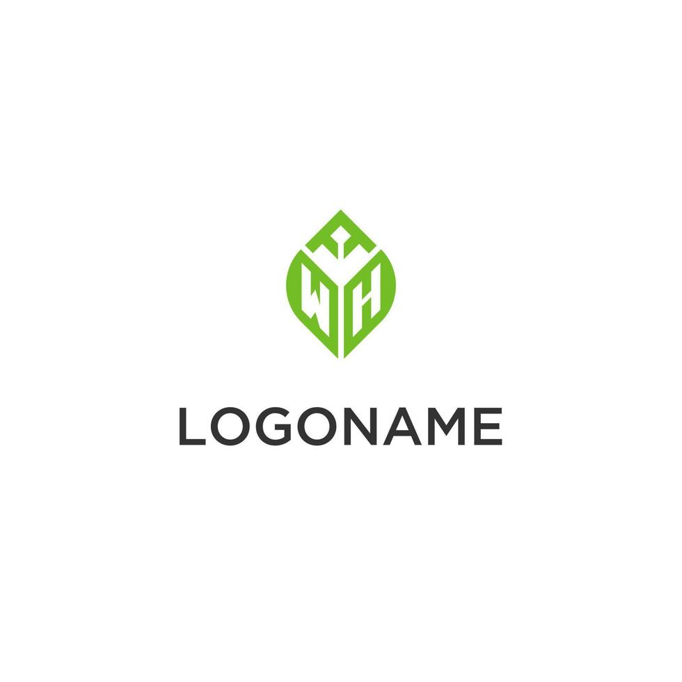 WH monogram with leaf logo design ideas, creative initial letter logo with natural green leaves vector
