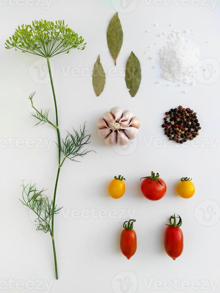 Ingredients for pickling red and yellow tomatoes. Concept culinary recipe preservation of vegetables in harvest season. Assorted tomatoes, garlic, dill, salt, pepper and bay leaf. Knolling concept. photo