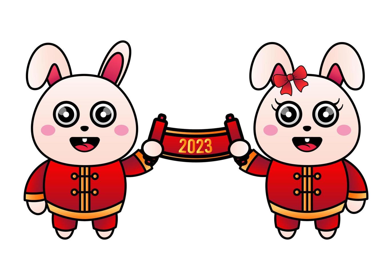 2 cute rabbits holding a scroll with 2023 written on it. With the feel of Chinese new year vector