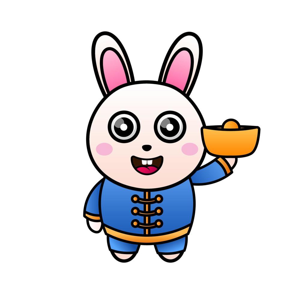 Happy Chinese New Year 2023. Cute bunny holding Chinese gold ingot vector