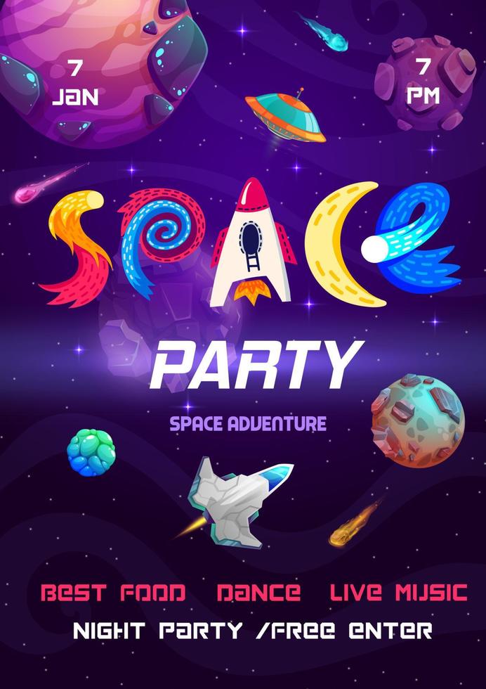 Space party flyer with galaxy planets and rocket vector