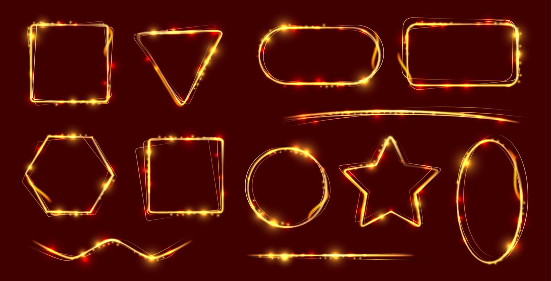 Glow frames with fire flame sparkles, light effect vector