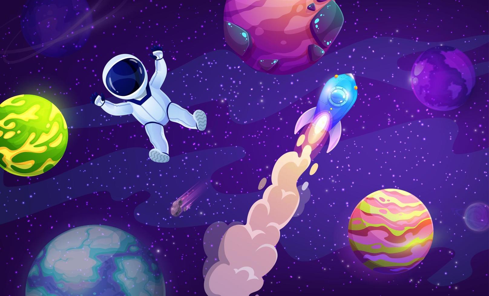 Rocket launch, cartoon astronaut in outer space vector