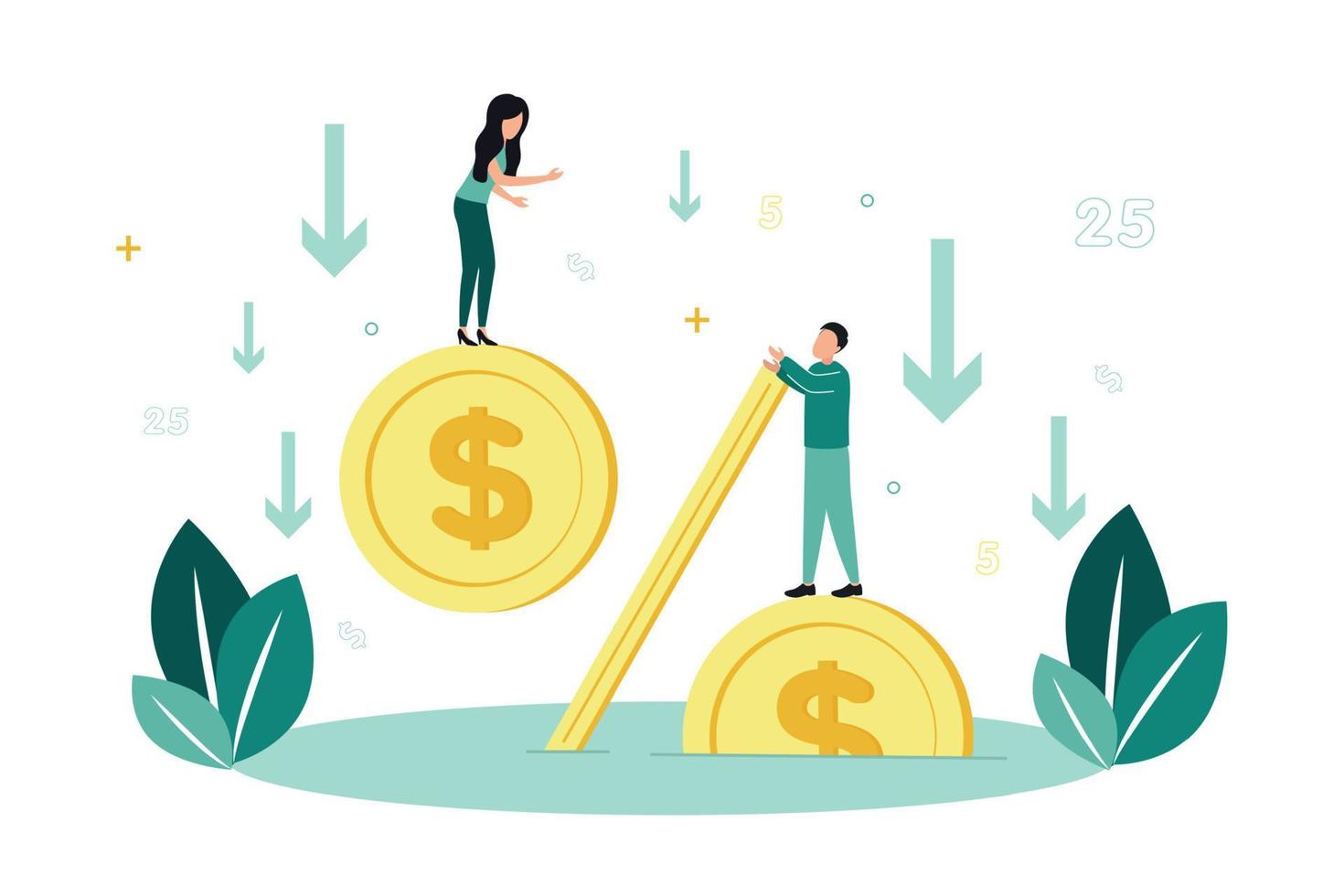 Finance. Vector illustration of default. The percent sign with dollars is drowning in water, people are standing on the coins, around the down arrow, against the background of a plant, numbers