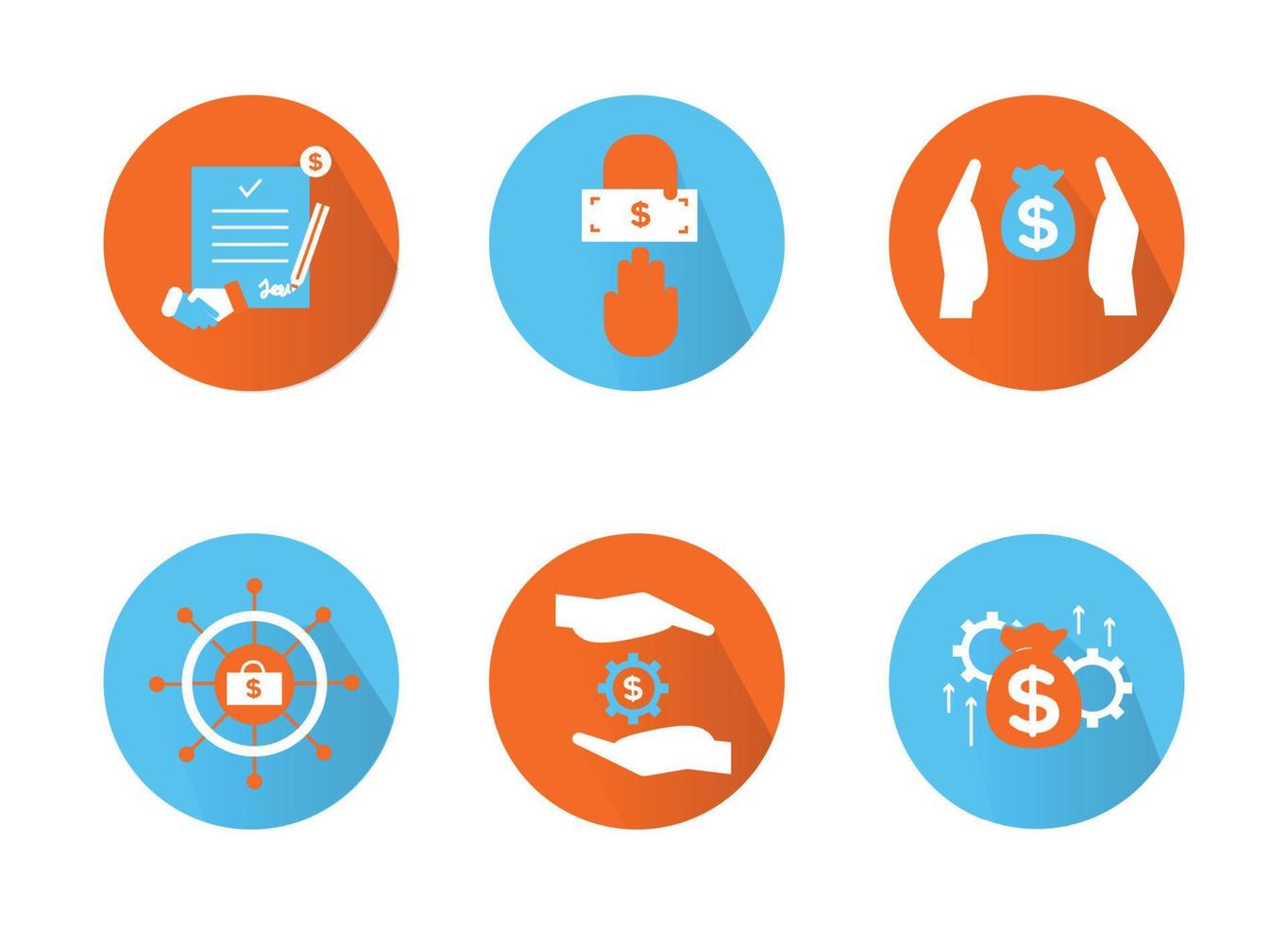 Financial services icons set. Icons asset management, wealth management, insurance, venture capital. Icons gear with a dollar between the palms, a steering wheel with a briefcase and a dollar vector