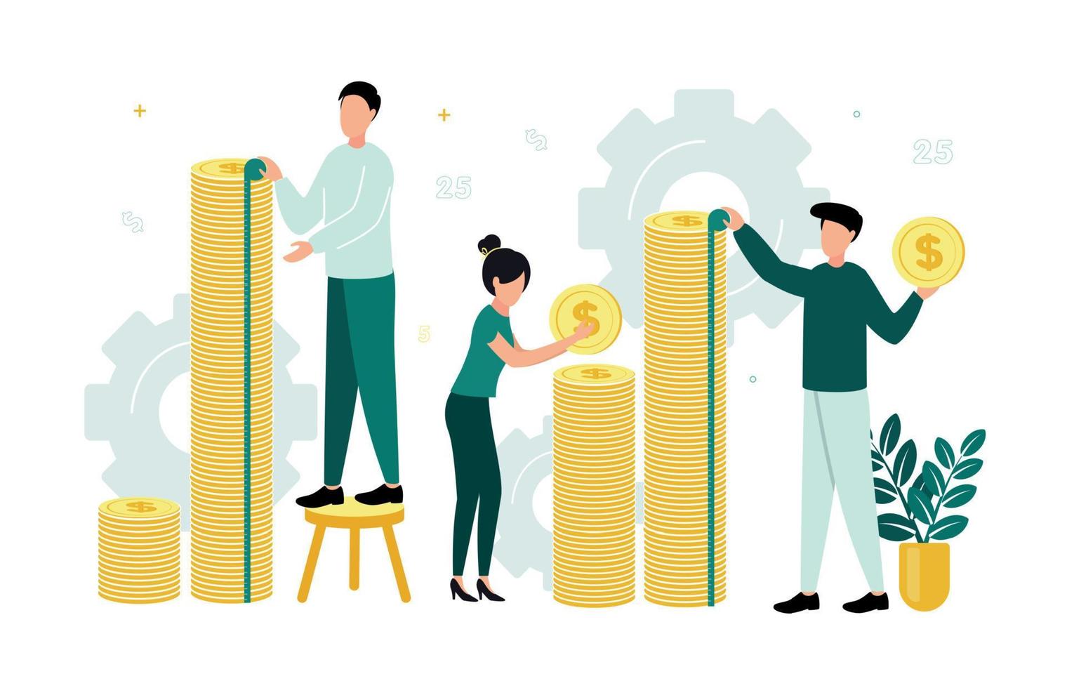 Finance. Vector illustration of econometrics. Woman and men measure stacks of coins with tape measure, against the background of gears, flower pot