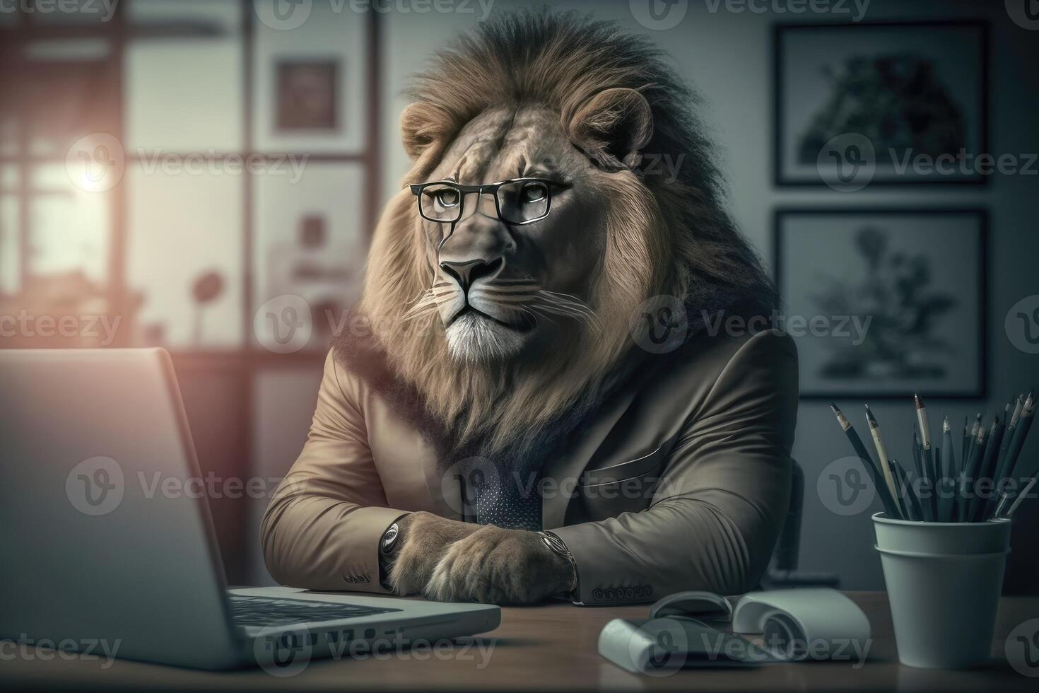Smart lion in a business suit at the office. photo