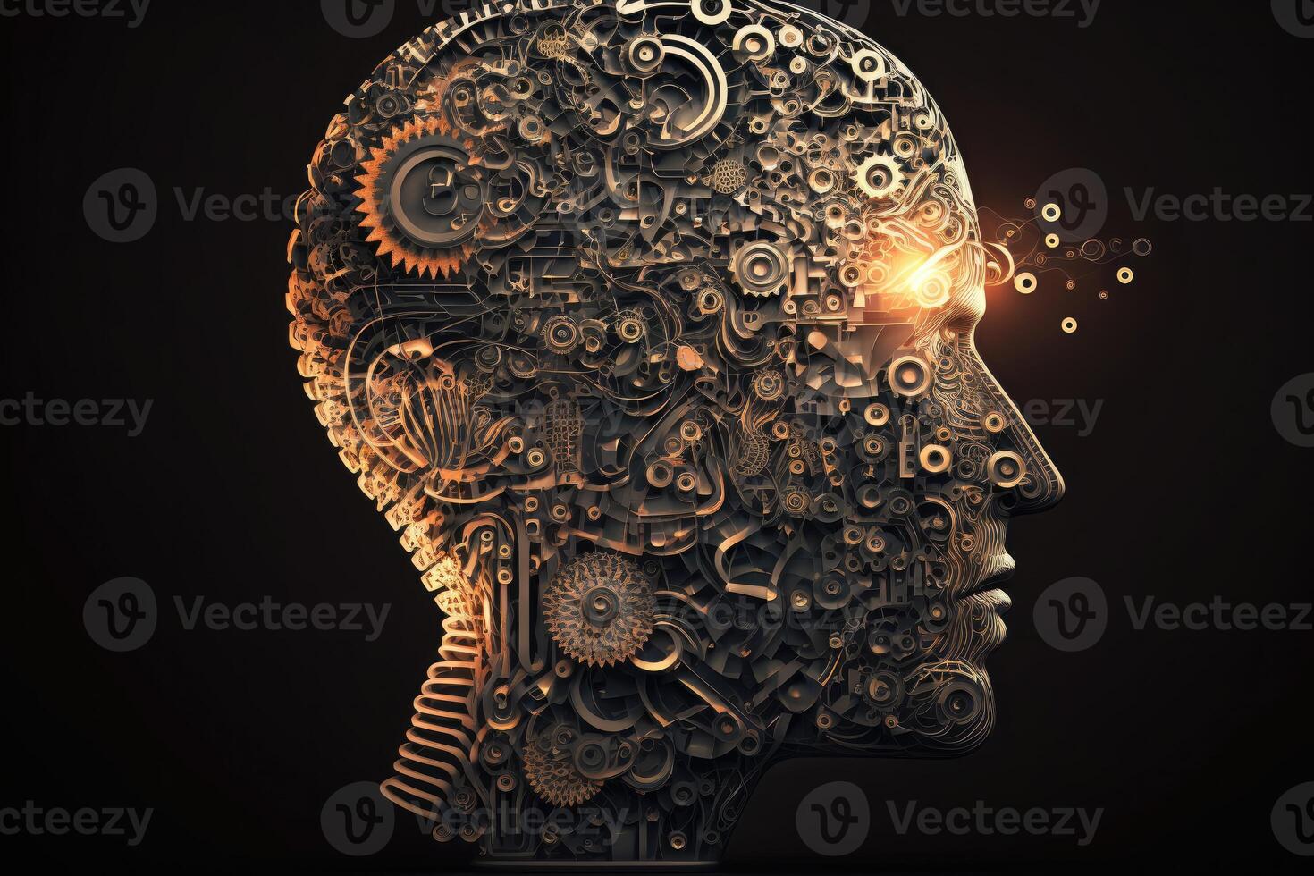 Big data technology. Human head made of cogs or gears with light bulb shape. photo