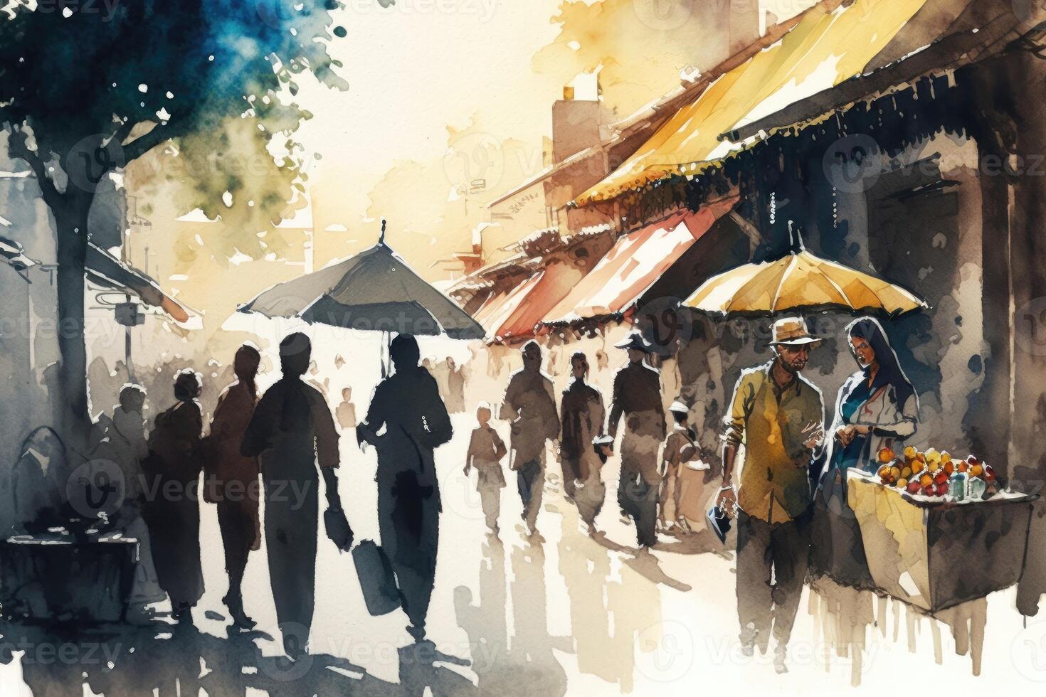 Watercolor painting of people walking to the street market for shopping. photo