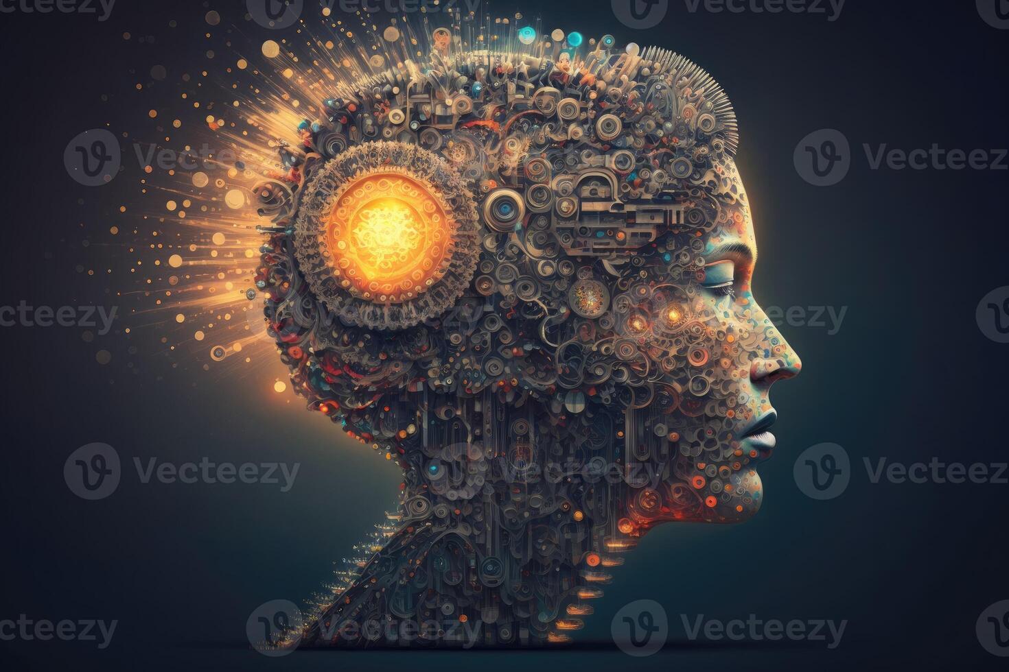 Big data technology. Human head made of cogs or gears with light bulb shape. photo