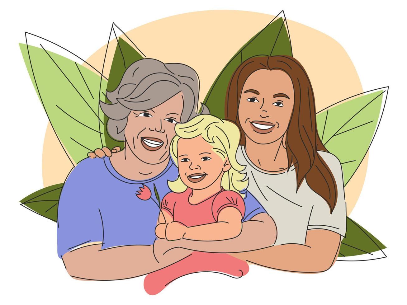 Three generations of women together, holding hands and surrounded by large green leaves. Grandma, mom and a girl are holding a tulip in their hands. Cute illustration for Mother's Day vector