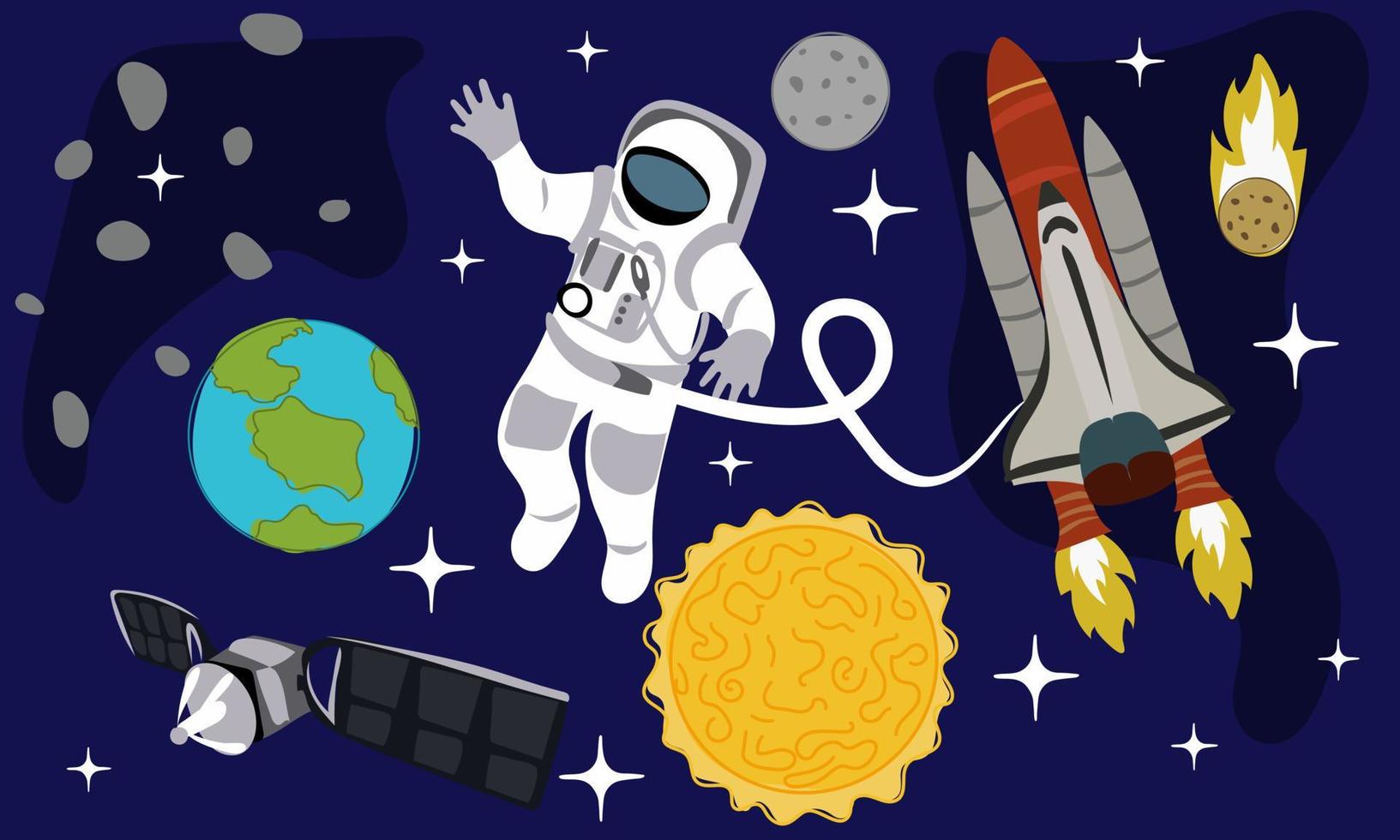 A cosmic set of elements. Cosmonaut, rocket, sun, earth, stars, rocks, asteroids, moon, satellite. A collection for space-themed stickers. Elements on a blue background vector