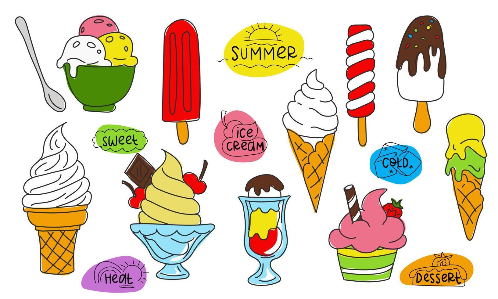 A set of hand-drawn doodles and colored spots with various ice cream. Waffle cone, cups, on a stick, ice cream, in glass. A sketch of a vector illustration in the style of a cafe menu, postcards