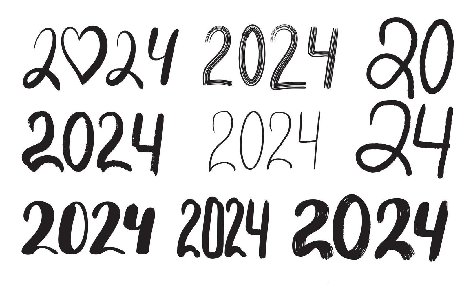 Big Set of 2024 logo text design. 2024 number hand drawn symbol