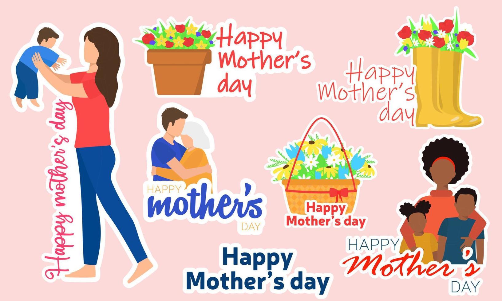 Collection isolated sticker for happy mother's day. Symbols for Mothers day with flowers and people. Vector illustration.