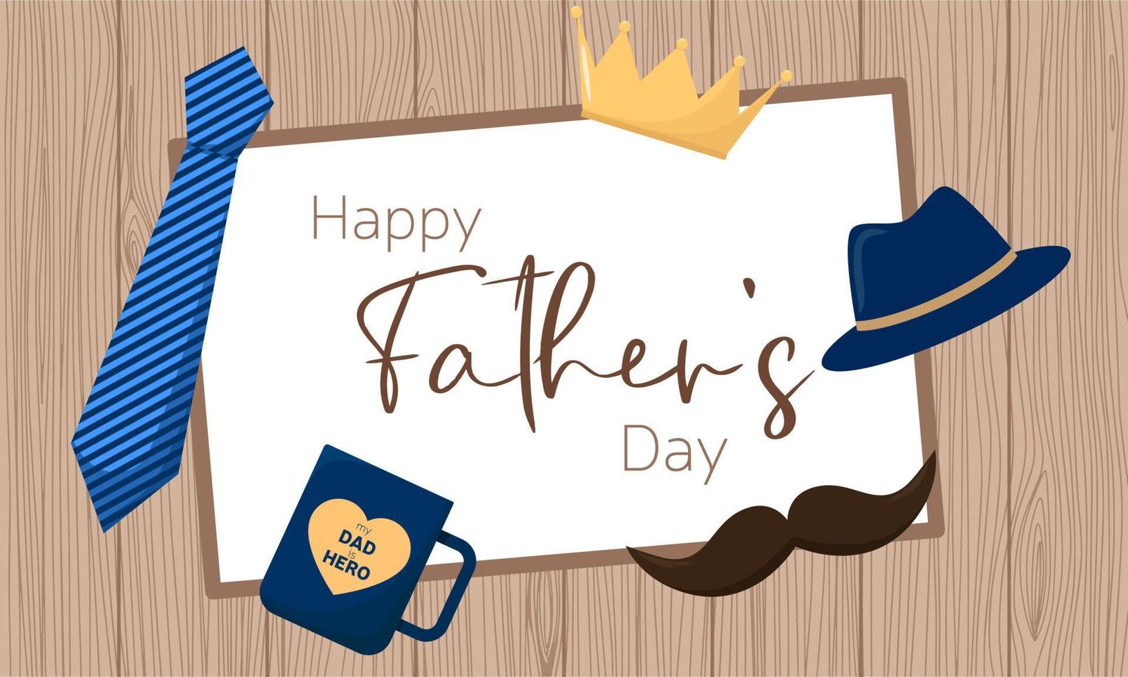 Happy fathers day banner on wood background. Card for father's day with man symbols. Vector illustration.