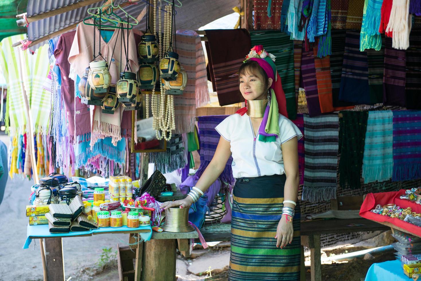 MAE HONG SON, THAILAND-NOV 21-Long neck Karen women, one hill tribe   in Huy Saur Tao village on 21 November, 2014 Mae Hong Son, Thailand photo