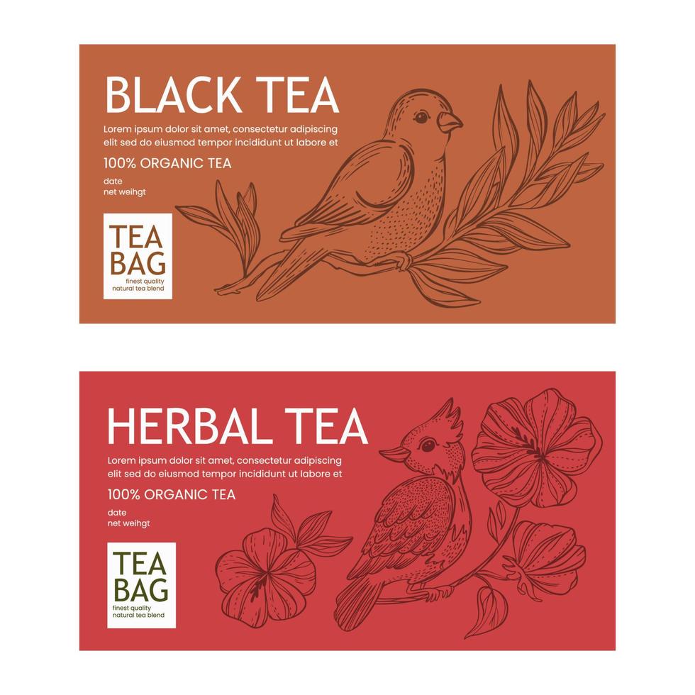 BLACK AND HERBAL TEA Packaging With Birds And Flowers Set vector