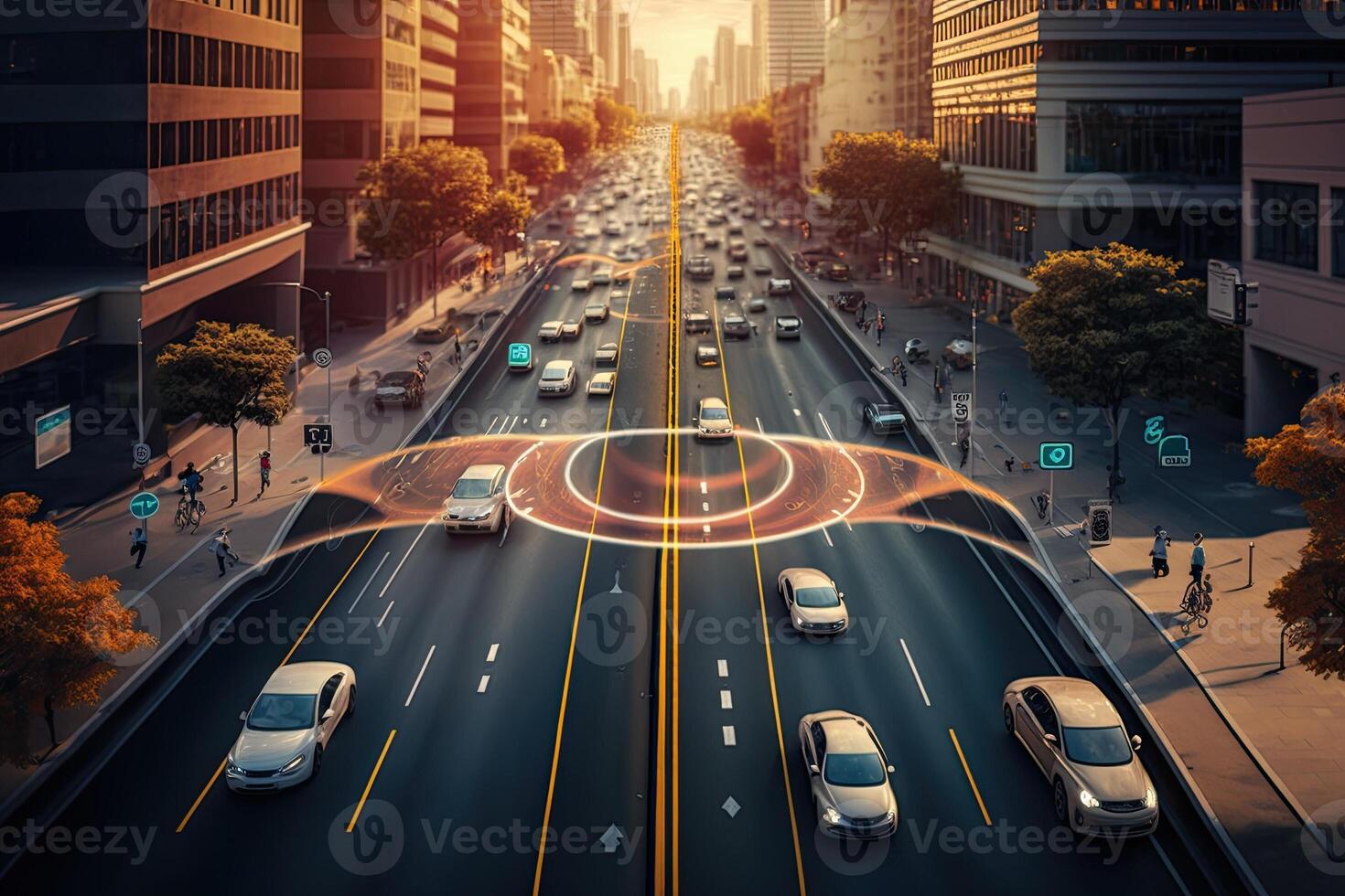 A self driving car navigating through city. Technology iot. Smart city. photo