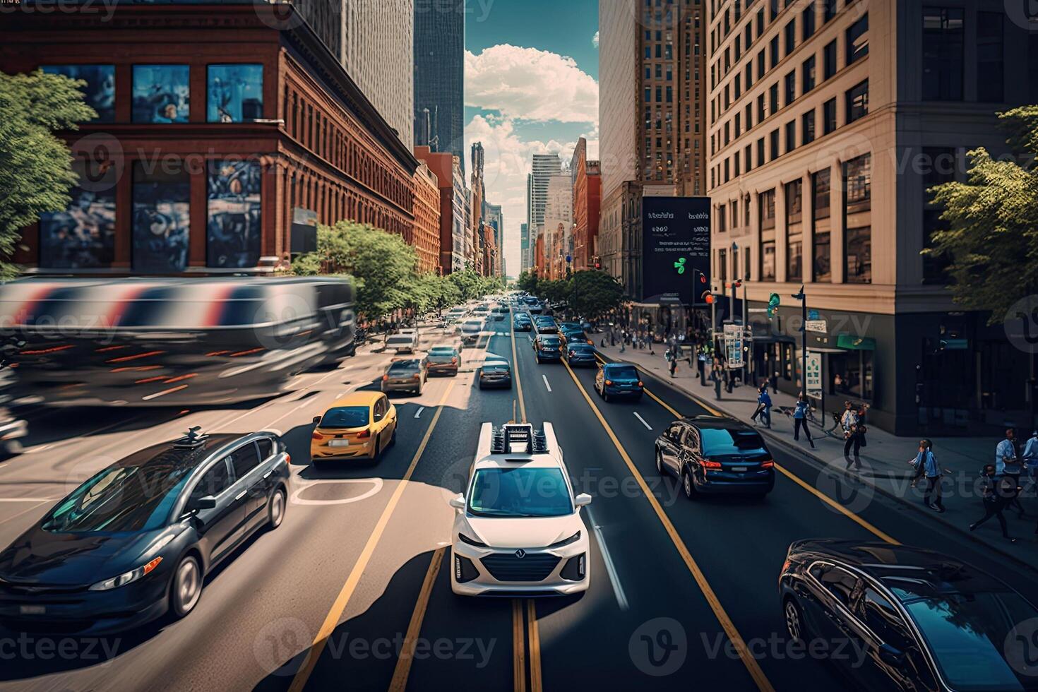 A self driving car navigating through city. Technology iot. Smart city. photo