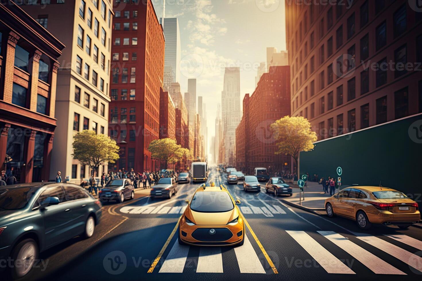 A self driving car navigating through city. Technology iot. Smart city. photo