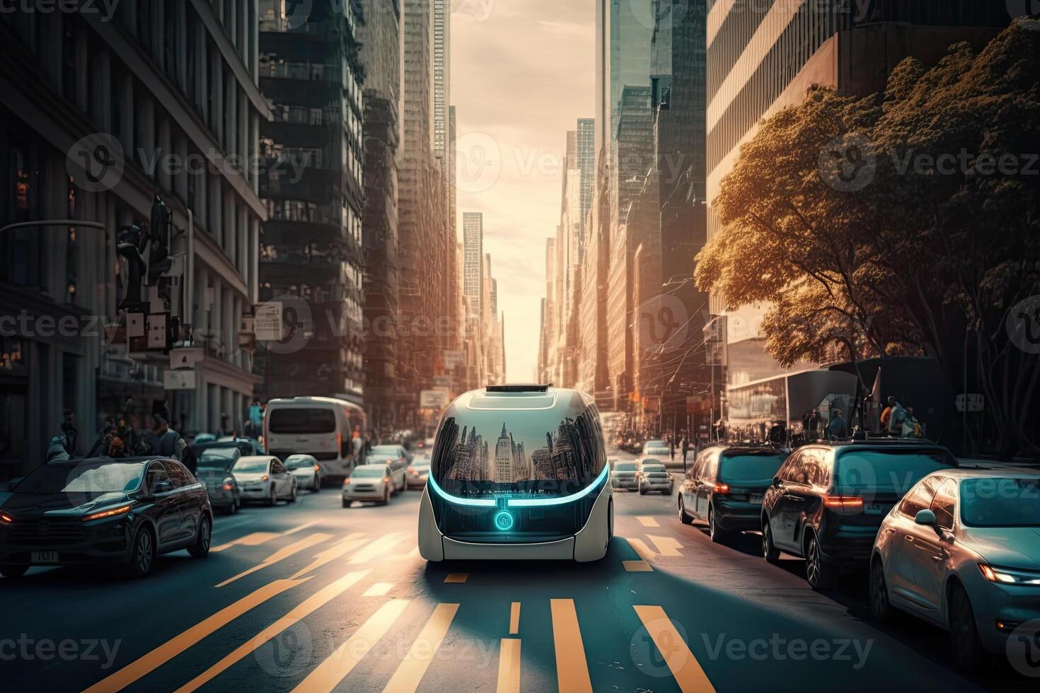 A self driving car navigating through city. Technology iot. Smart city. photo